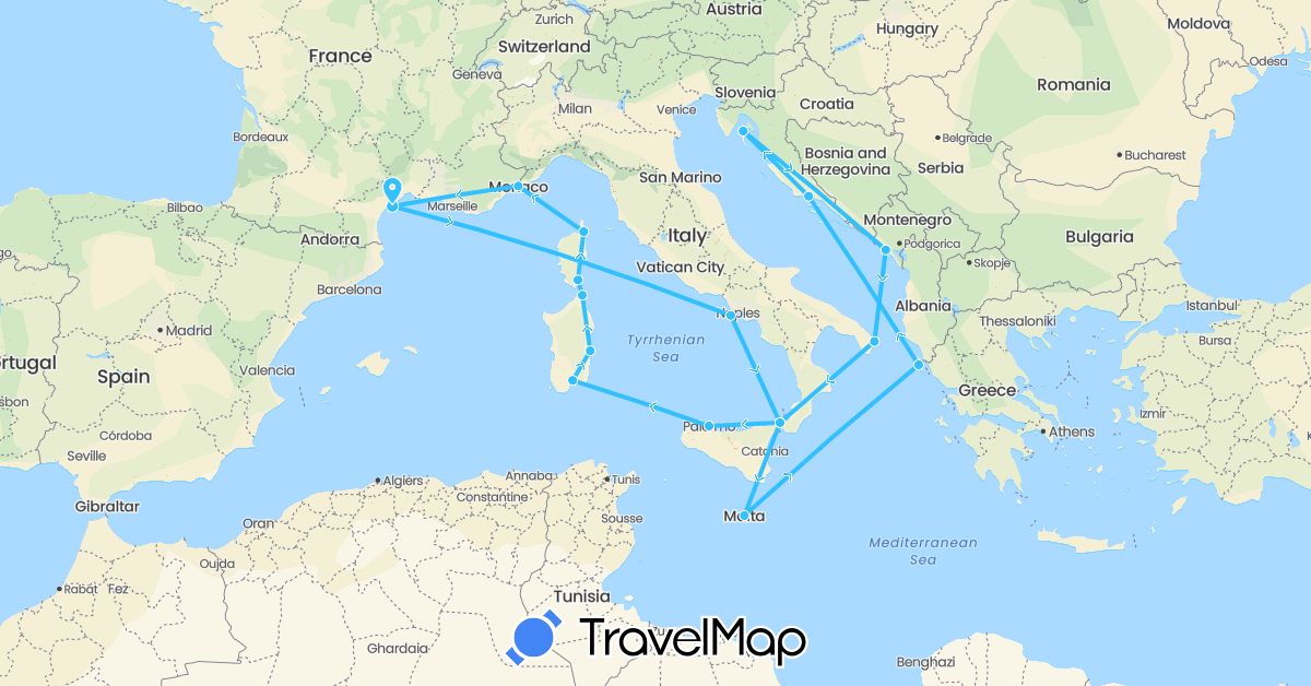 TravelMap itinerary: driving, boat in France, Greece, Croatia, Italy, Monaco, Montenegro, Malta (Europe)